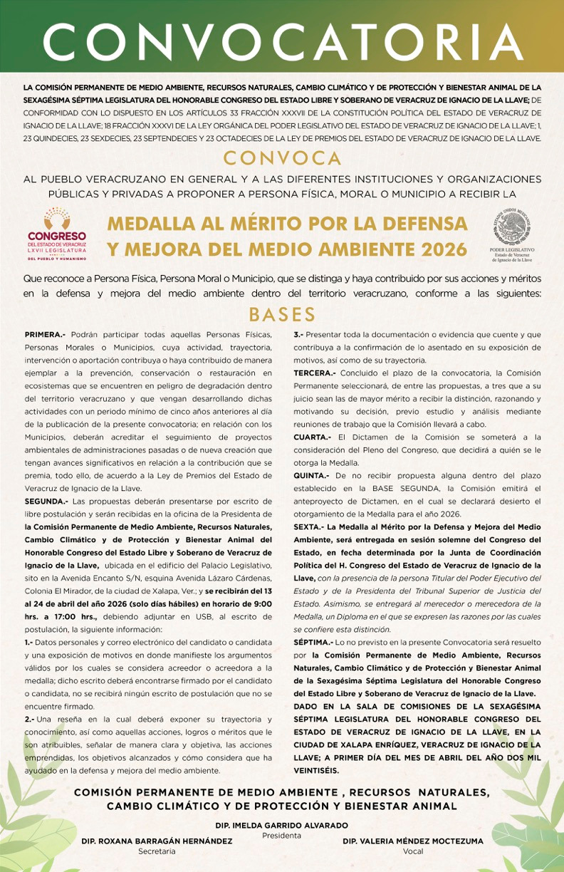 Emite Comisión convocatoria para entrega del Premio al Mérito Ambiental 2026 Emite Comisión convocatoria para entrega del Premio al Mérito Ambiental 2026