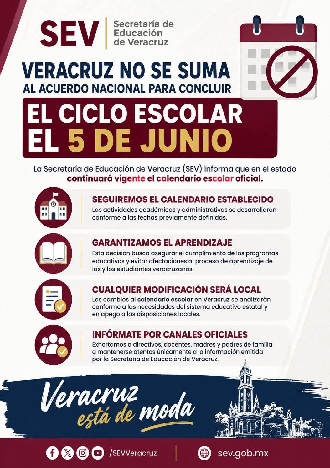 Veracruz mantendrá calendario escolar vigente; SEV descarta concluir clases el 5 de junio Veracruz mantendrá calendario escolar vigente; SEV descarta concluir clases el 5 de junio
